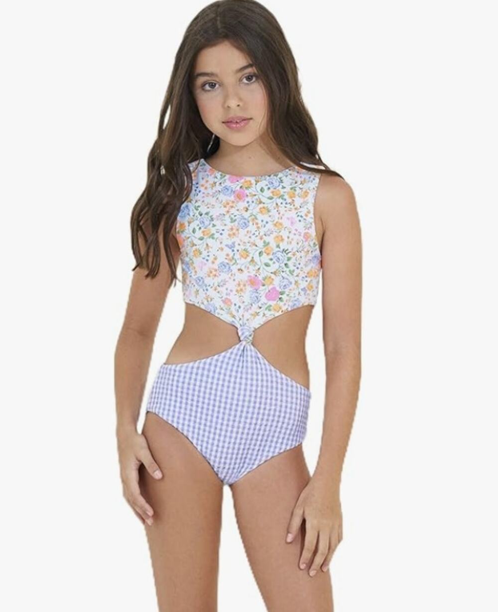MAAJI Backyard Twist One Piece Swimsuit Girls 12 White Floral Reversible NWT